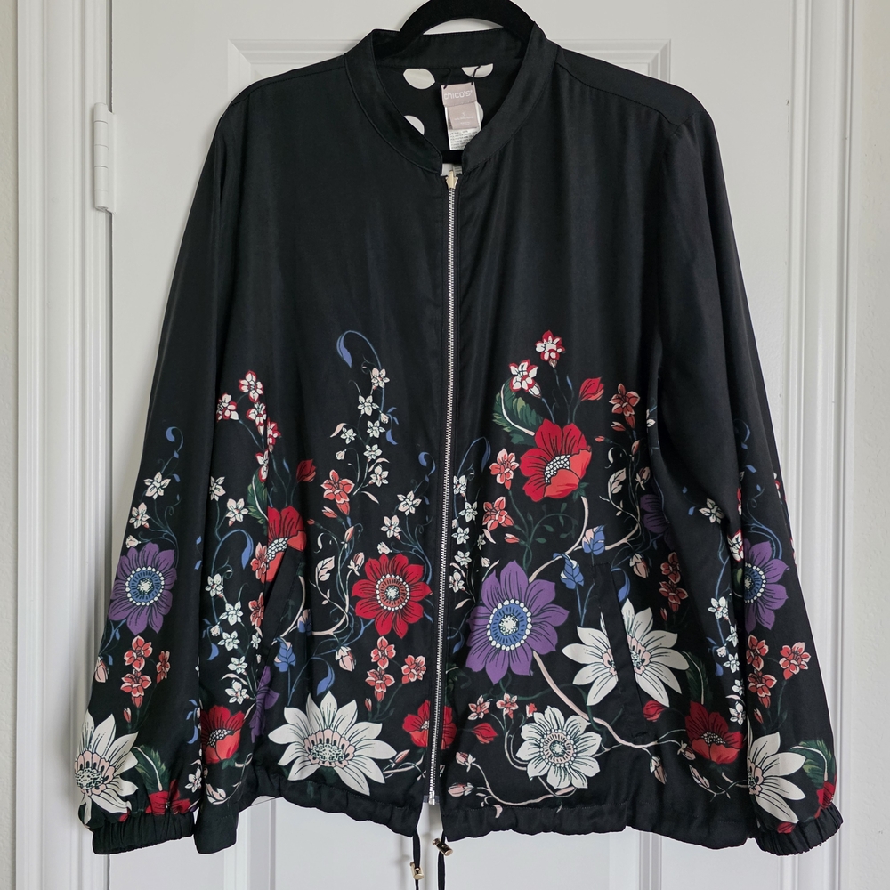 Chico's Black REVERSABLE Floral Bomber Jacket -  (Size 3 - 16/18)